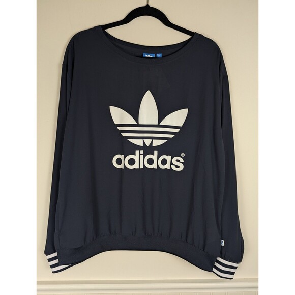 Adidas Crepe Trefoil Big Logo Navy Blue Long Sleeve Sheer Womens Size Large - Picture 1 of 12